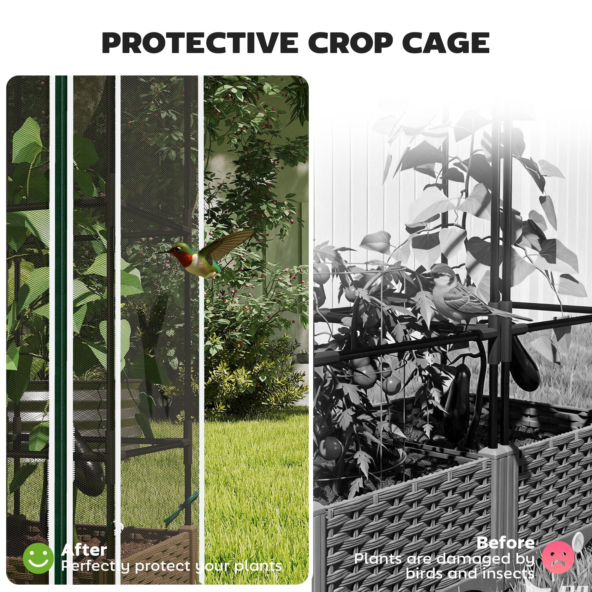 Dranite Raised Garden Bed with Trellis & Crop Cage, Self-Watering Planter Box, 46.5 Inch, White