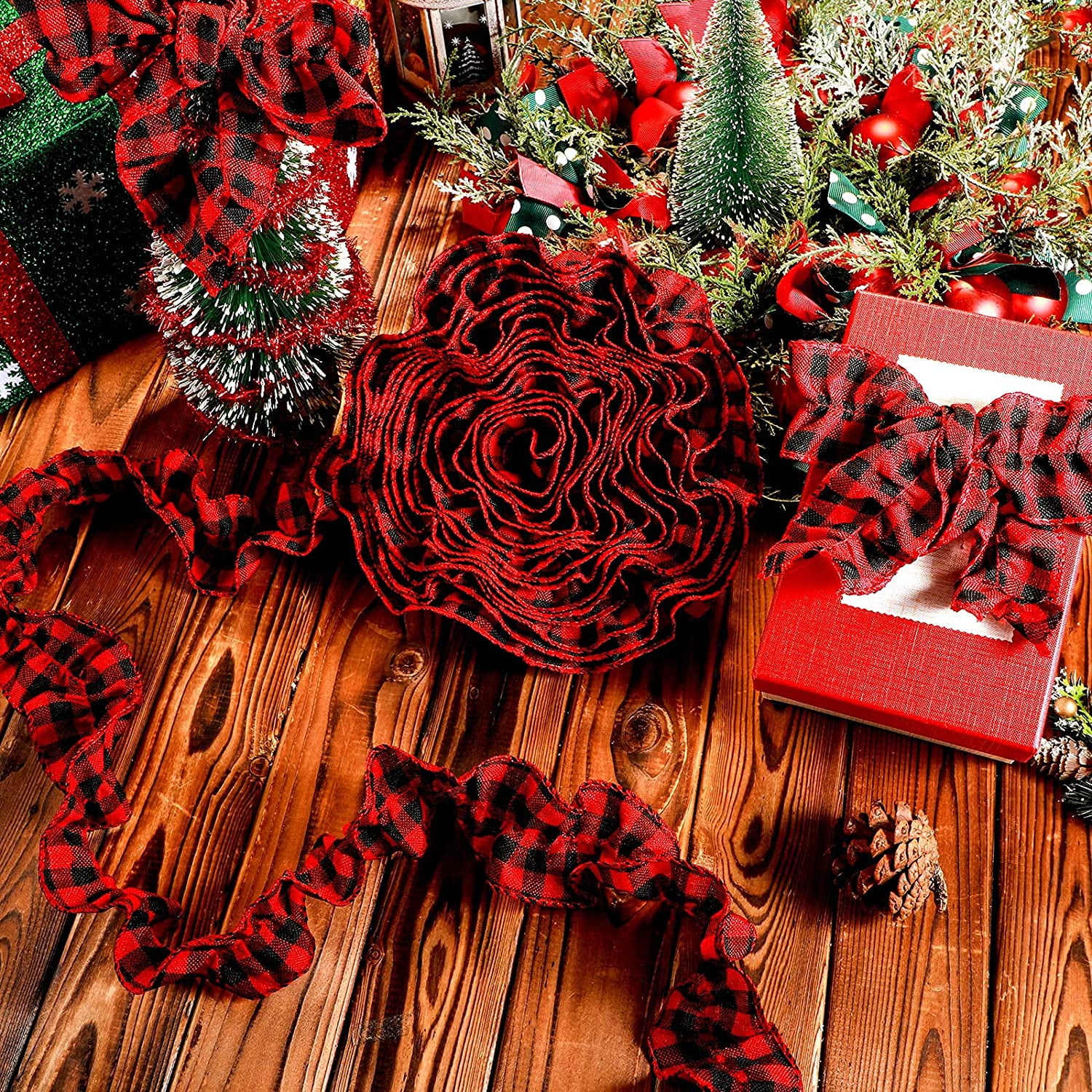 27ft Christmas Buffalo Plaid Ribbon Ruffled Homespun Fabric Garland, Christmas Tree Ribbon Decorations for Christmas Home Wreath Staircase Tree Decor