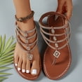 thumbnail image 6 of YgkuHd Women's Casual Bohemian Flat Sandals Thong Style Multiple Rows Rhinestones Gold-Tone Metal Accents Brown,6, 6 of 7
