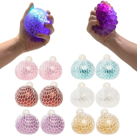 Barry-Owen, 12 Pack, Light Up Mesh Squish Balls Squeeze For Stress Relief Toy Glitter Crystal Ball