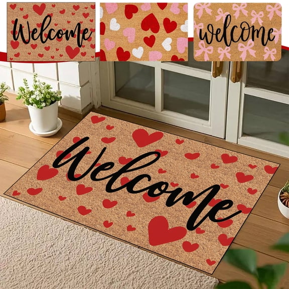 KOYPTL Door Mat Valentines Day Decorations for Front Door Decor Romantic Red Pink Heart Pattern Welcome Doormat Floor Mat Entrance Door Rugs Non Slip for Indoor Outdoor Home Bathroom Decor(1pc)