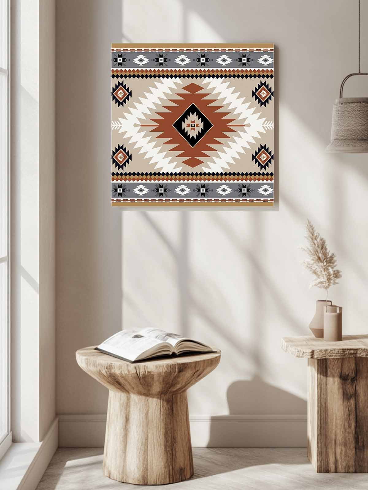 Aztec Southwestern Canvas Wall Art, Ethnic Tribal Style Geometric Orange Khaki Framed Wall Decor Modern Artwork Prints Painting for Living Room, Bedroom, Kitchen & Cafe Decor 20x20 Inch