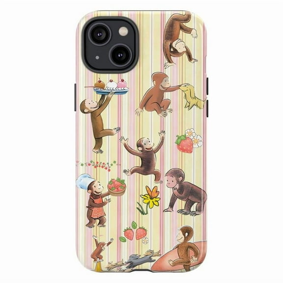 Curious Monkey Strawberry Garden Phone Case – Striped Background with Cake, Flowers & Playful Cartoon Design, Touch Case for iPhone 11/12/13/14/15/16 Mini Pro Max Plus