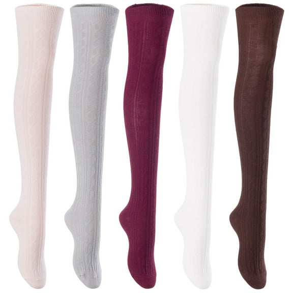 5 Pairs Awesome Durable Women Thigh High Cotton Boot Socks. Perfect As Winter & Spring Socks Size 6-9 T1024 Beige,LightGrey,Wine,Cream,Coffee