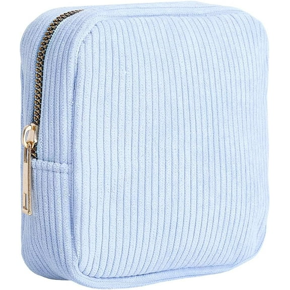 Corduroy Cloth Cosmetic Bag Light Blue Large Capacity Travel Storage Pouch Toiletry Pouch Zipper Tool Bag for Vacation Business Travel Daily Supplies Makeup Tools Organiser 5.32x4.92x2.13in Blue