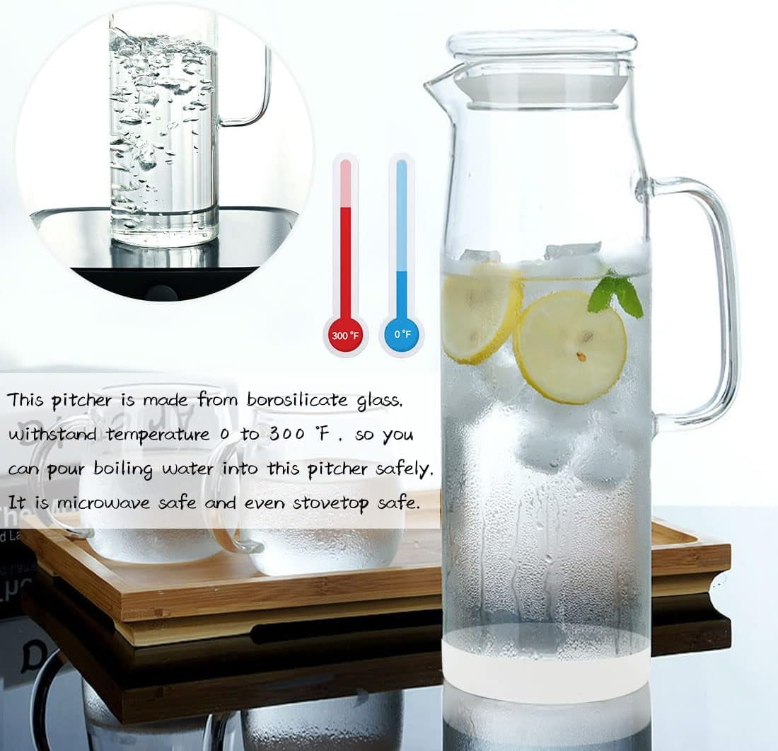 BAKOD Glass Pitcher with Lid Glass Water Carafe with Handle, Fridge Water Jug Cold or Hot Beverages, Iced Tea, Milk, Juice 1500ml/51oz & glass lid