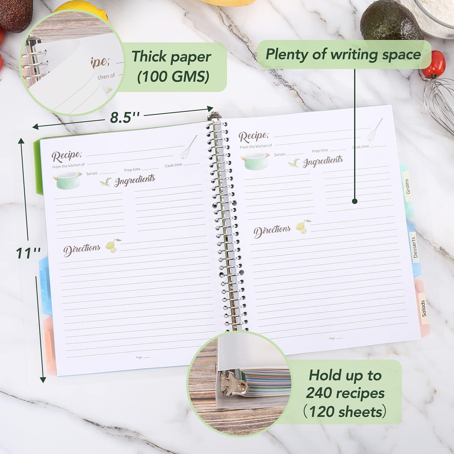 Recipe Book to Write in Your Own Recipes, Extra Large Personal Blank Recipe Notebook, Removable Recipe Journal Book Binder with 8 Dividers and 24 Tabs, Hold up to 240 Recipes