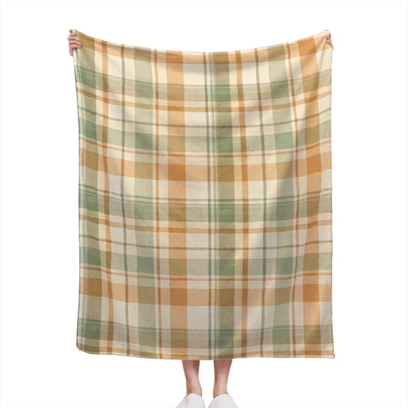 Decorative Accent Throw Blanket for Couch Sofa Bed – Soft Flannel Blanket for Bedroom Living Room Aesthetic Minimalistic Modern Green Cream Orange Toned Watercolor Gingham Pattern Print Design