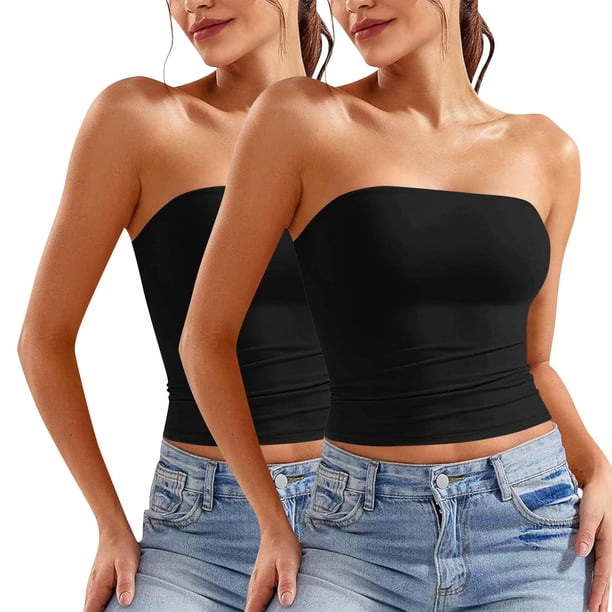 Blusa informal de verano sin tirantes de color liso para mujer, 2 piezas, de poliéster