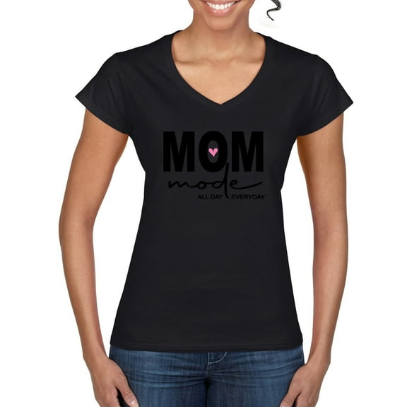 Wild Bobby, Mom Mode All Day Everyday Mother's Day Women’s Standard V-Neck Tee, Black, Small