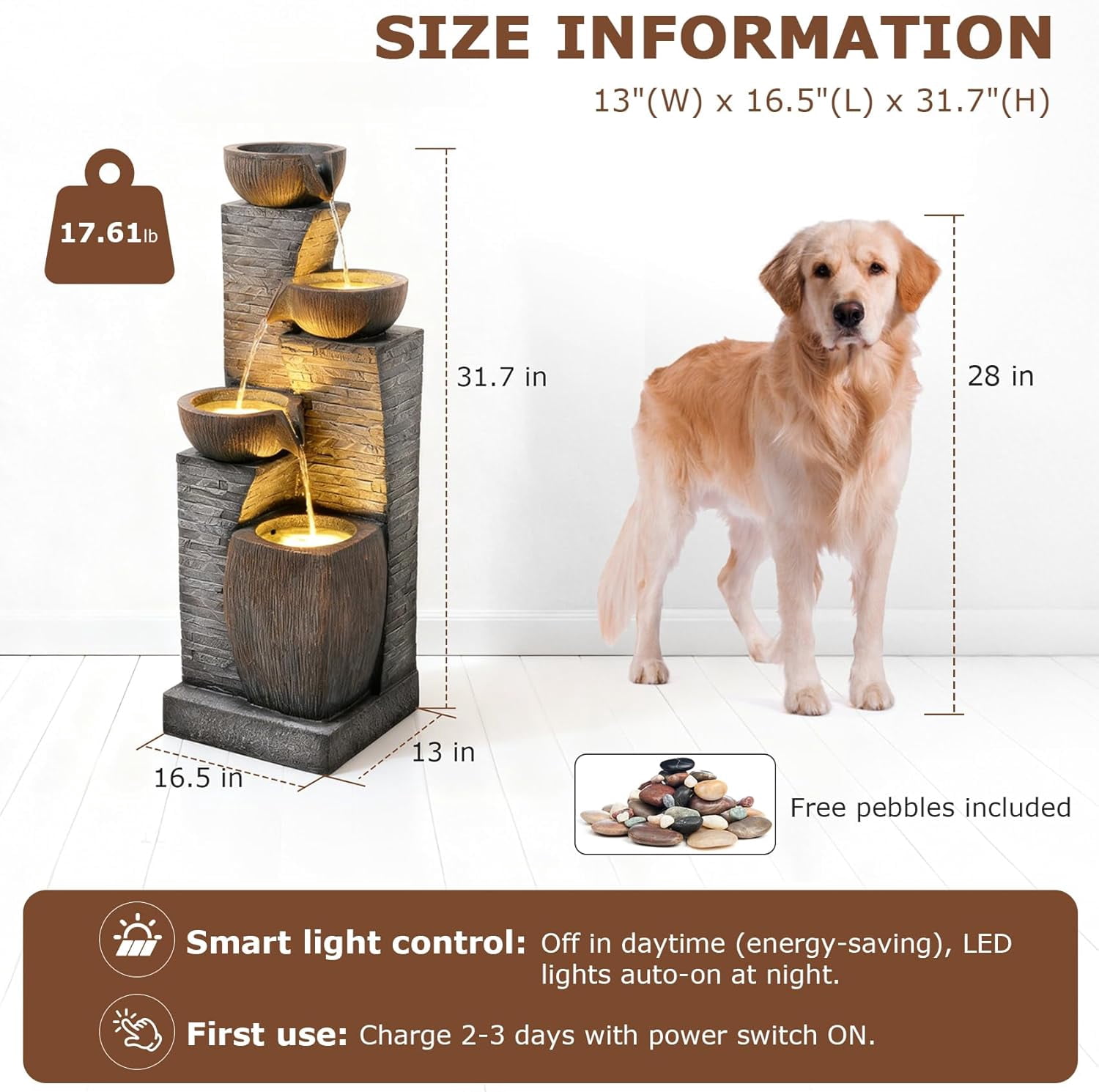 38.2" Tall Solar Water Fountain Outdoor Garden,4 Tiers Modern Cascading Bowls and Stacked Stones Solar Powered Fountains with LED Lights for Garden, Patio, Deck, Porch, Backyard, Lawns