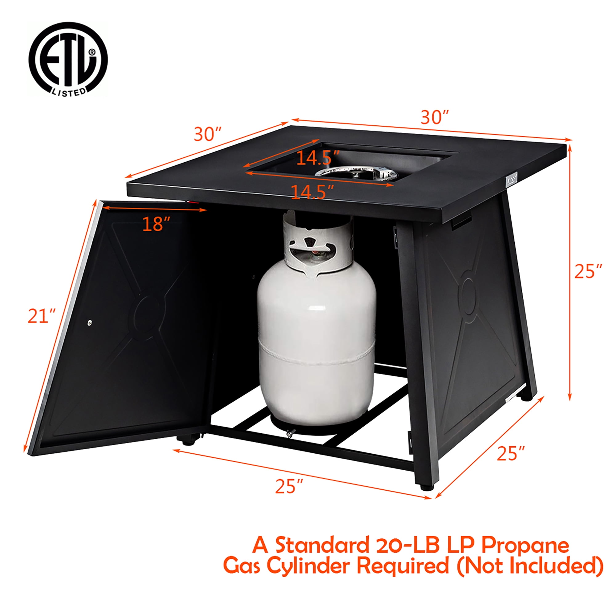Costway 30'' Square Propane Gas Fire Pit Table 50,000 BTU W/ Waterproof Cover Lava Rock