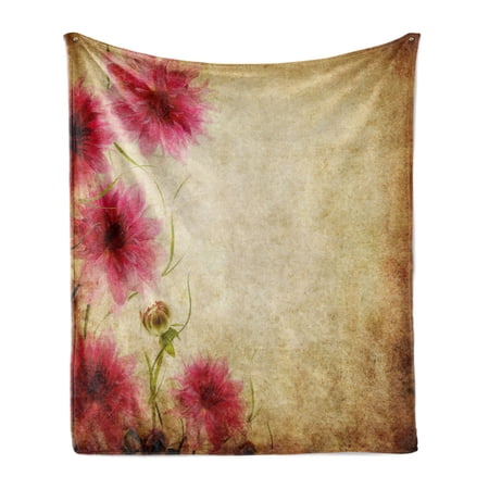 Floral Soft Flannel Fleece Blanket  Retro Flowers on Old Grunge Paper Background Nostalgic Background Bouquet Print  Cozy Plush for Indoor and Outdoor Use  60  x 80   Sand Brown Pink  by Ambesonne