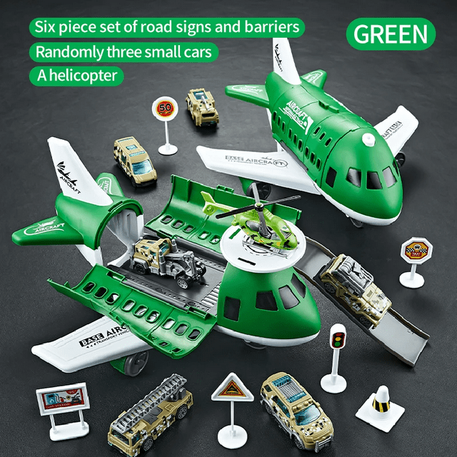 Jouets Modèles d'Avion et de Voiture pour Enfants, Modèles d'Avions de Simulation Inertiels, Jouets Multifonctionnels, 3 Voitures Aléatoires, 1 Hélicoptère, 6 Panneaux Routiers Verts