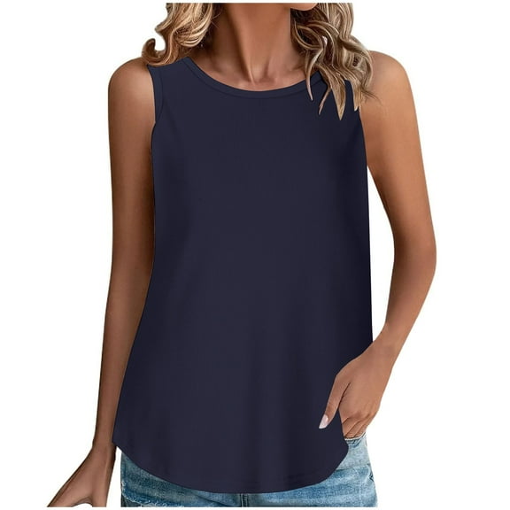 VEKDONE Waffle Tank Tops for Women Summer Sleeveless Crewneck Tunics Tops Solid Color Loose Lounge Tanks Soft Comfy Lightweight Vests Navy Medium