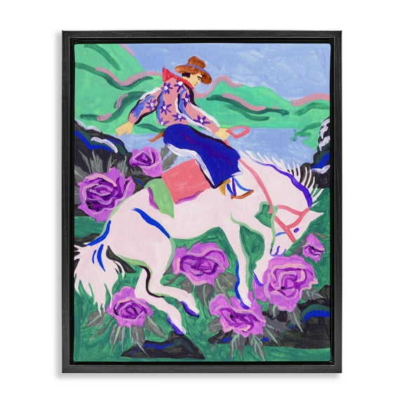 Stupell Industries Bold Hued Cowboy & Horse Animals Painting Black Floater Framed Canvas Art Print Wall Art, 17 x 21