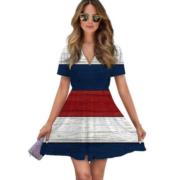 Vintage Farm Barn Red, Blue And White Women Dress V-Neck Short Sleeve Flowy Swing Party Midi Dress