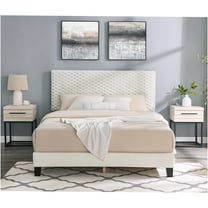 JERFIT Queen Upholstered Platform Bed with Nightstands, 3-Piece Bedroom Set in Off-White, Modern Fabric Bed Frame with Storage
