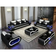 MANBAS Leather Sofa Set with LED Light Living Room Furniture Couch Sofas Modernos Para Sala Grandes Sofs with USB Charging,Tabl