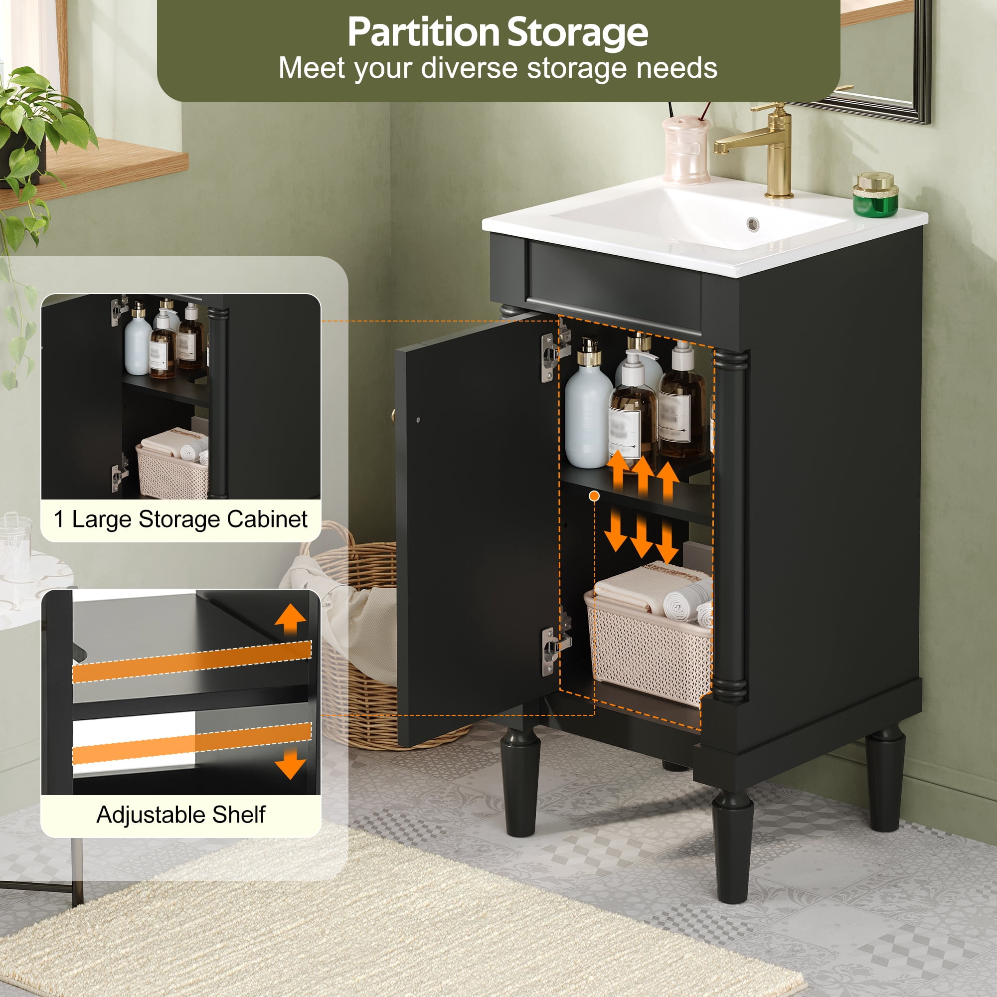 Euroco 18" French Style Bathroom Cabinet with Storage, Small Space Solution with Ceramic Sink, Adjustable Shelf, Soft-Closing Hinges