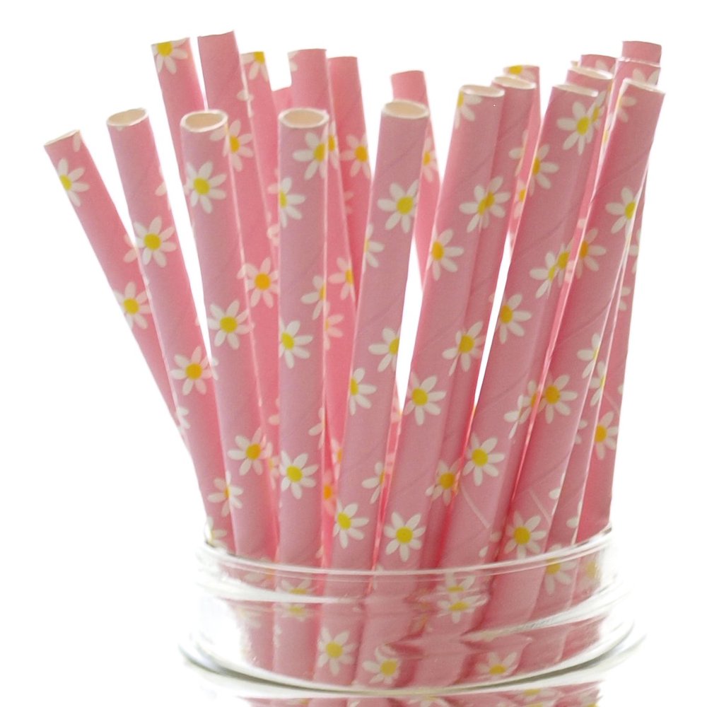 Pink Daisies Flower Straws (25 Pack) Summer Daisy Flowers Party Supplies, Pink Floral Wedding