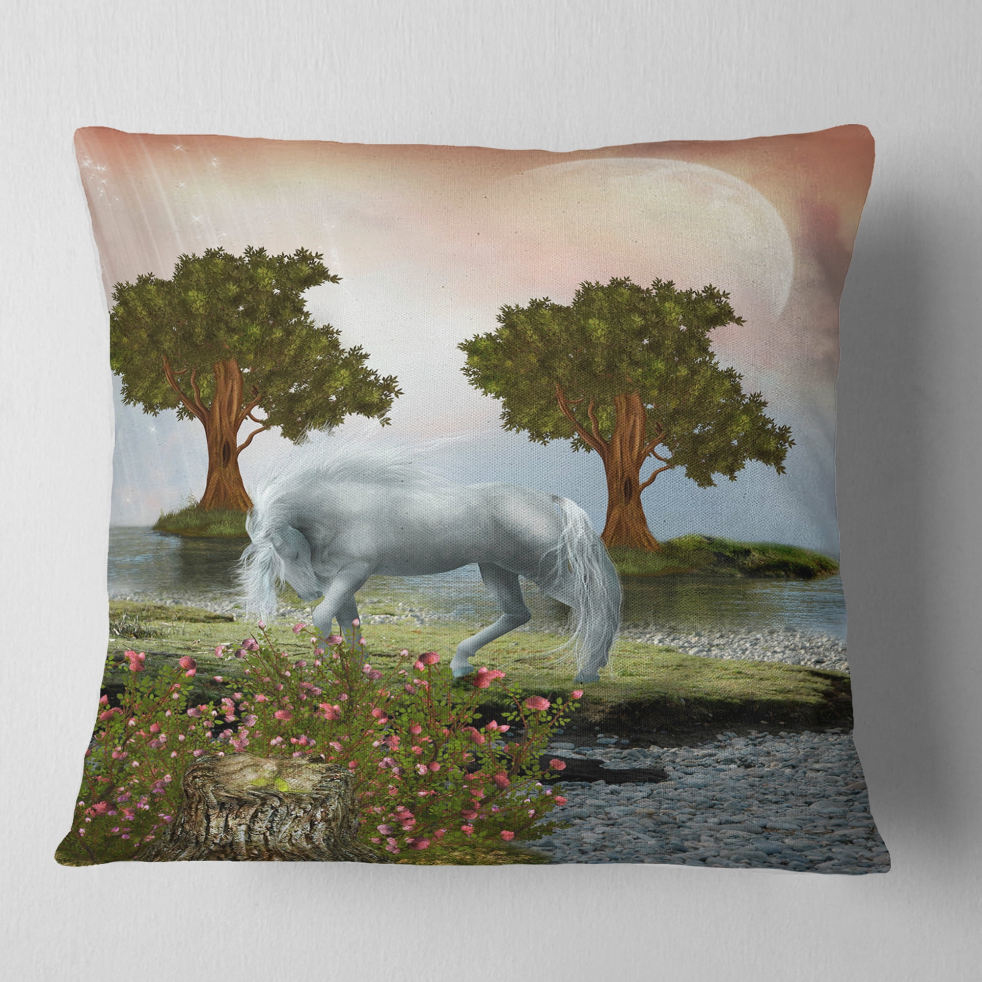 Designart White Horse and Green Trees - Landscape Printed Throw Pillow - 18x18