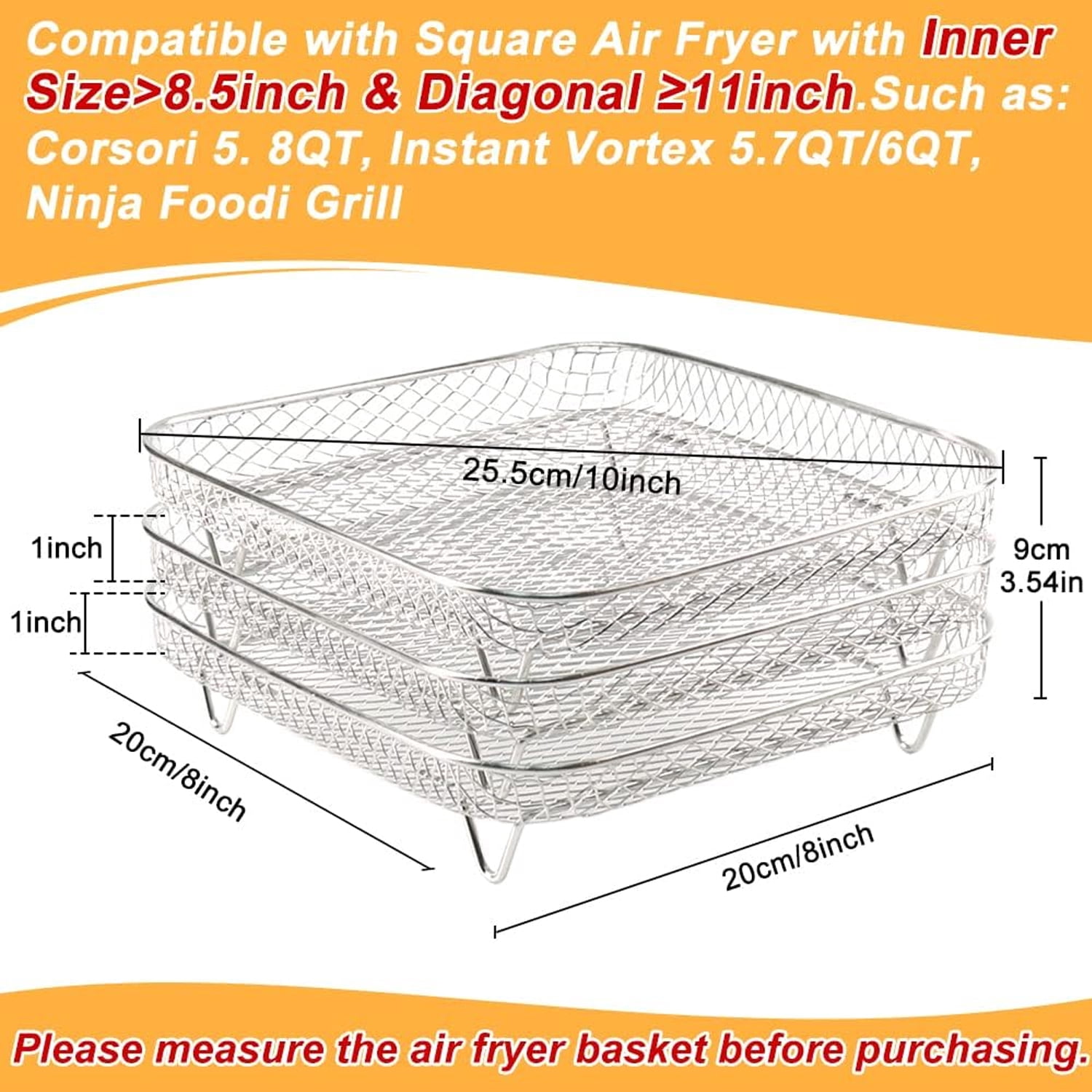 GoXteam Air Fryer Racks 3Pcs Stackable Set, Stainless Steel Mesh Baskets, Multi-Use for Air Fryer, Steamer, Oven, Dishwasher Safe (7.8 x 7.8in Square)