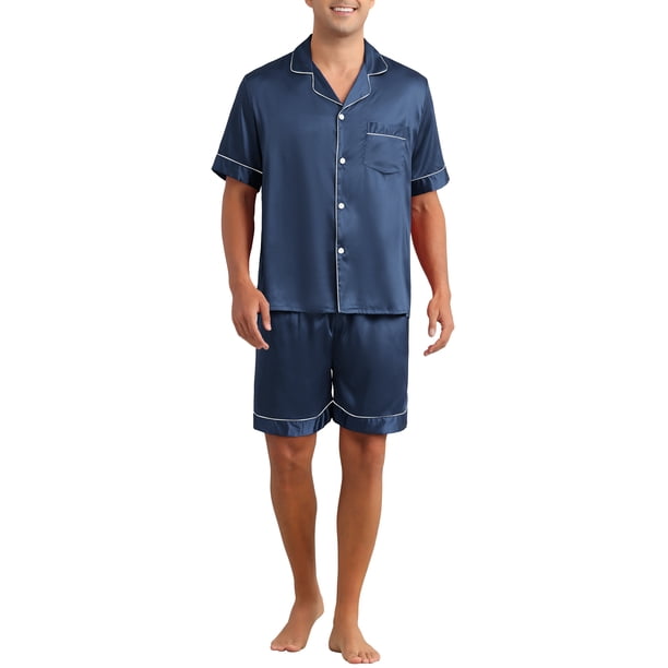Conjunto de Pijamas Satinados INSPIRE CHIC para Hombre, Pijamas de Manga Corta de Dos Piezas con Bolsillos, Pijamas Suaves para la Noche 2XL Azul