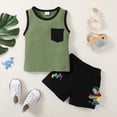 thumbnail image 2 of Kucnuzki 12 Months Newborn Baby Boy Spring Summer Outfits Shorts Sets 18 Months Sleeveless Color-Blcoked Rib-Knitte Tank Top Elastic Dino Prints Shorts 2PCS Set Green, 2 of 9