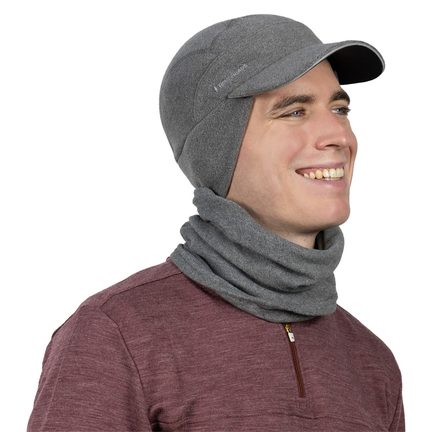 TrailHeads Men's Fleece Ball Cap with Drop Down Ear Warmer | The Trailblazer Adventure Hat - Heather Grey - Gift Set