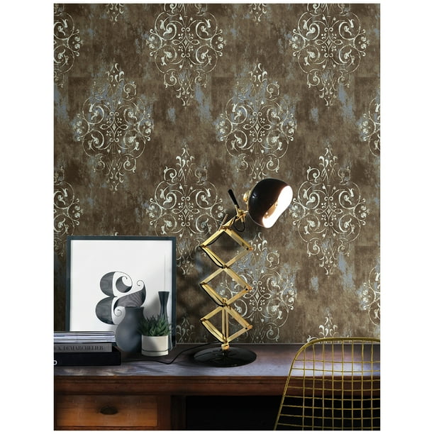 Vintage Damask Thick Peel and Stick Wallpaper 17.7in x 19.7ft Brown/Beige Vinyl Self Adhesive Wall Paper Design for Walls Bathroom Bedroom Home Decor