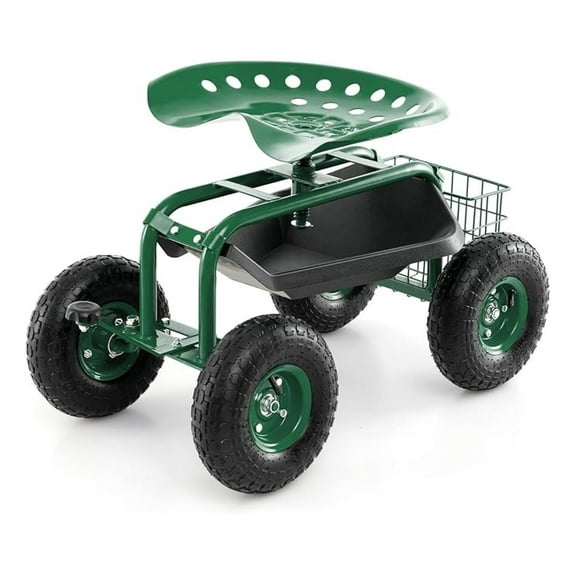Rolling Garden Cart, Wagon Scooter with 360° Swivel Seat, Storage Tray, Basket & Rubber Wheels, Heavy-Duty Gardening Tool Cart for Weeding, Patio & Yard (Green)