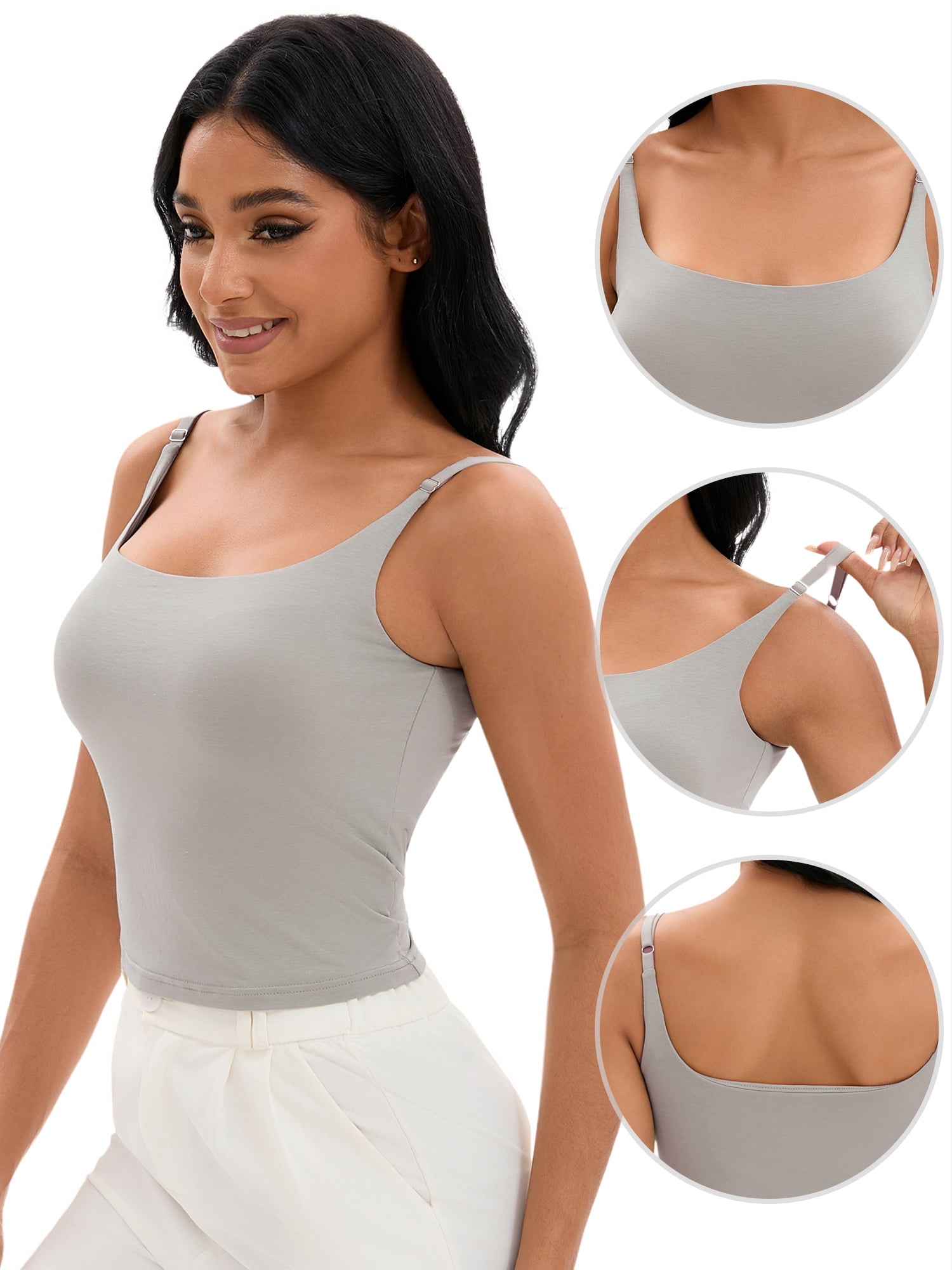 DARING DIVA Women's Shelf Bra Tank Adjustable Spaghetti Strap Camisole M Grey