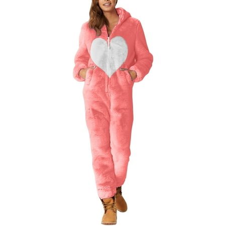 

wendunide womens sweaters Artificial Wool Pajamas Solid Color Zipper Loose Hooded Jumpsuit Pajamas Winter Warm Rompe Cute Sleepwear womens tops