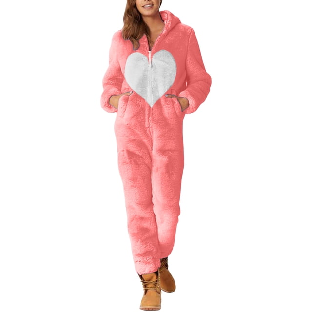 Gibobby pantalones de yoga Pijama de manga larga de lana artificial para mujer, mono holgado con capucha y cremallera de Color sólido informal, pijama informal de invierno cál(Rosa, XL)