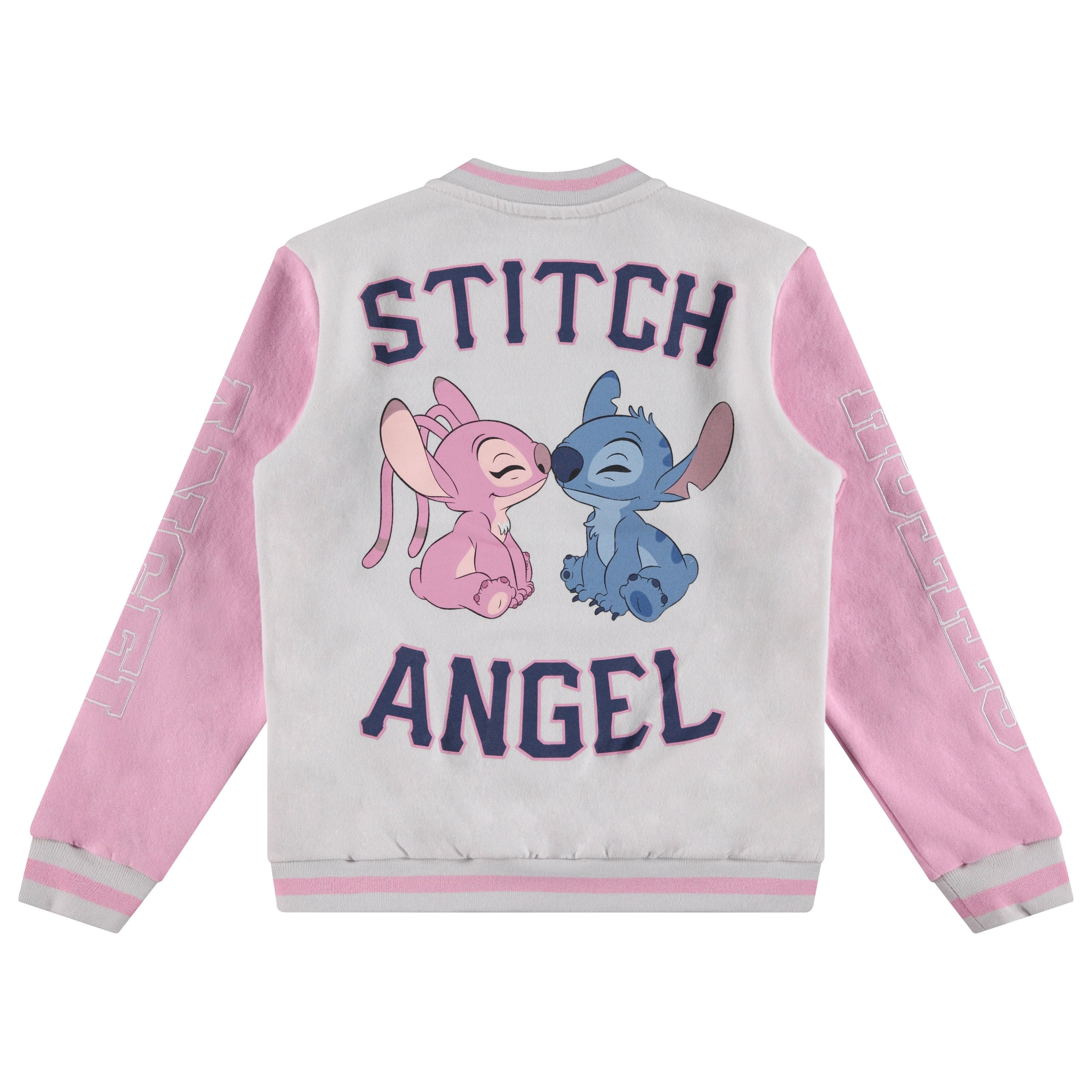 Lilo,Stitch and Angel Varsity Bomber Jacket - Little and Big Girl Sizes 4-16, Light Grey/Pink, 10-12