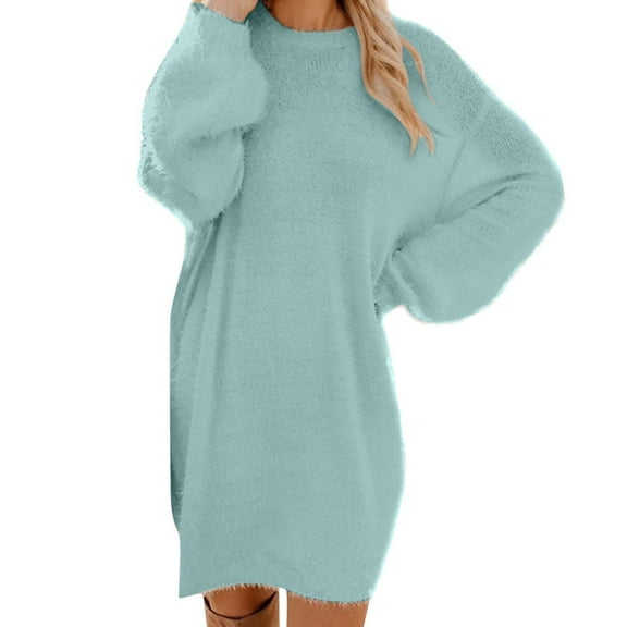 Blczomt Long Sleeve Womens Dress Blue Casual Mini Dress Crew Neck Loose Fit Plain Fuzzy Dresses