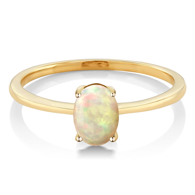 10k Yellow Gold Oval October Birthstone Ring - White Topaz Three Stone Proposal Ring, Size 9.5, US-Made