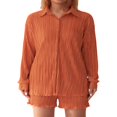 thumbnail image 1 of Women Casual 2 Pcs Clothes Set Solid Color Ruched Long Sleeve Button Down Shirts with Shorts Suit, 1 of 7
