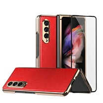 Allytech Cover for Samsung Galaxy Z Fold 3 Case 2021[5G], Galaxy Z Fold 3 Cover Built-in Screen Protector, Luxury Cross-Grain PU Leather Hybrid Plating PC Foldable All-Inclusive Anti-Drop Case, Red