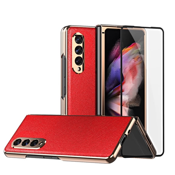 Allytech Cover for Samsung Galaxy Z Fold 3 Case 2021[5G], Galaxy Z Fold 3 Cover Built-in Screen Protector, Luxury Cross-Grain PU Leather Hybrid Plating PC Foldable All-Inclusive Anti-Drop Case, Red