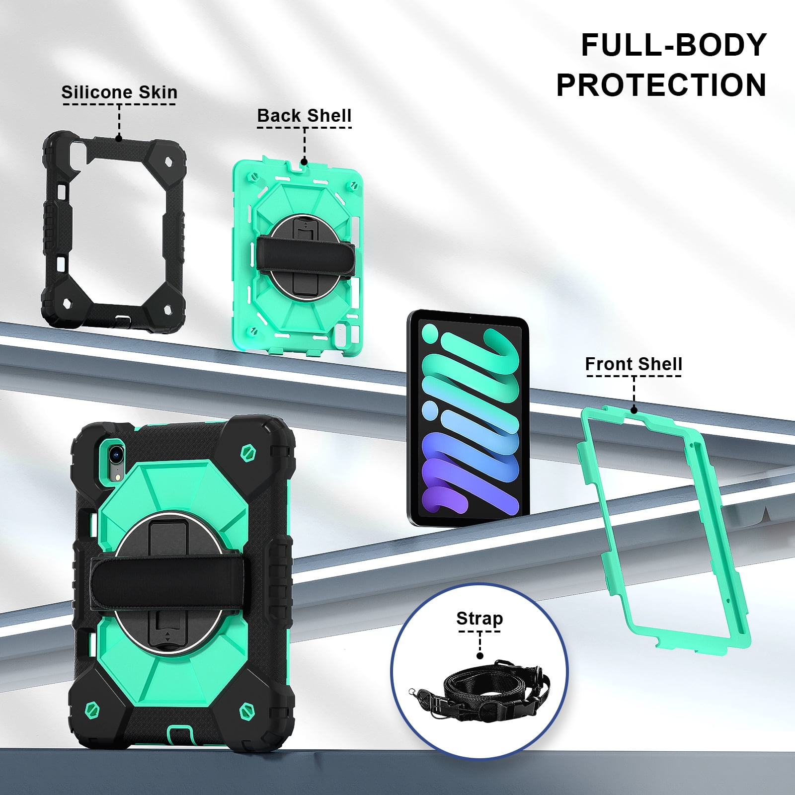 For iPad Mini 7th 6th Generation Case with Pencil Holder, Heavy Duty Shockproof Ruggd Rotating Kickstand Hand Strap Cover Case with Shoulder Strap Kids Friendly Case for Apple iPad Mini 6 7,Black+Mint