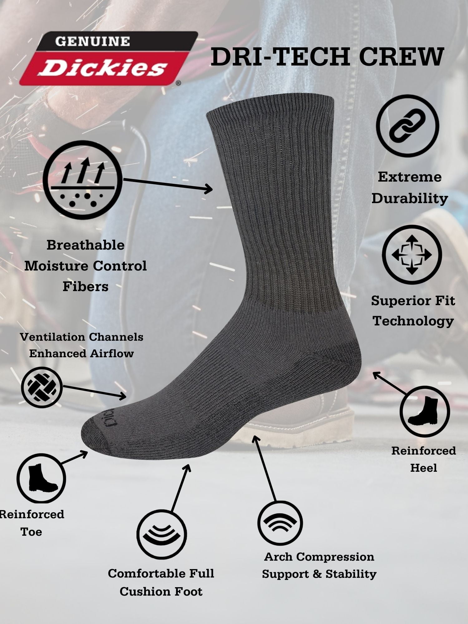 Dickies Men's Dri-Tech Crew Sock, 6 Pack Charcoal Size 6-12