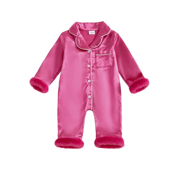 RUINIXCW Toddler Baby Girl Silk Stain Pajamas Newborn Infant Baby Girls Romper One Piece Spring Fall Sleepwear Lapel V Neck Fuzzy Trim Long Sleeve Button Up Jumpsuit Homewear