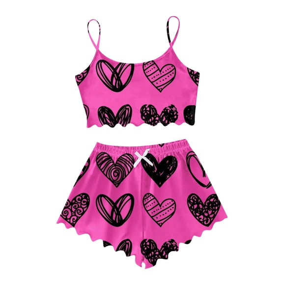 CAIXIA Satin Pajamas For Women Valentine'S Day Women's Fashionable Sleeveless Camisole and Shorts Pajama Set with Heart Print Two Piece Sleepwear