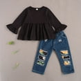 thumbnail image 2 of Kiapeise Little Girls Floral Ruffle Sleeve Shirt Ripped Jeans Denim Pants Set, 2 of 6