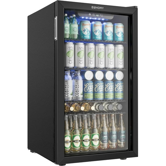 EUHOMY Beverage Refrigerator and Cooler, 128 Can Mini fridge with Glass Door, Small Refrigerator with Adjustable Shelves for Soda Beer or Wine, Home/Bar/Office, Black