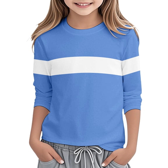 Ticikt Girls T Shirts Long Sleeve Tees Loose Fit Colorblock Summer Tops Blend Tee for Everyday Play and School Outfits,Color:Blue,Size:3-4 Years