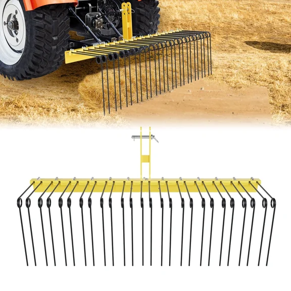 Kojem 60" Landscape Rake, 3 Point Pine Straw Rake W/26 Steel Spring Coil Tines Compatible with Category 0, 1 Tractor, Tow-Behind Garden Tool for Garden Lawn for Leaves Straw Pine Needles Yellow