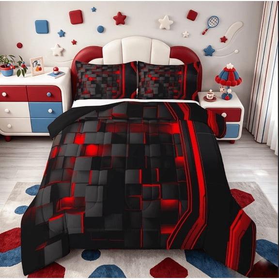Erosebridal Red Black Grid Bedding Sets Twin with Comforter,Modern Geometric Duvet Insert,Neon Plaid Comforter Sets Twin Size For Teens,Ultra Soft Room Decoration Reversible,2 Pieces